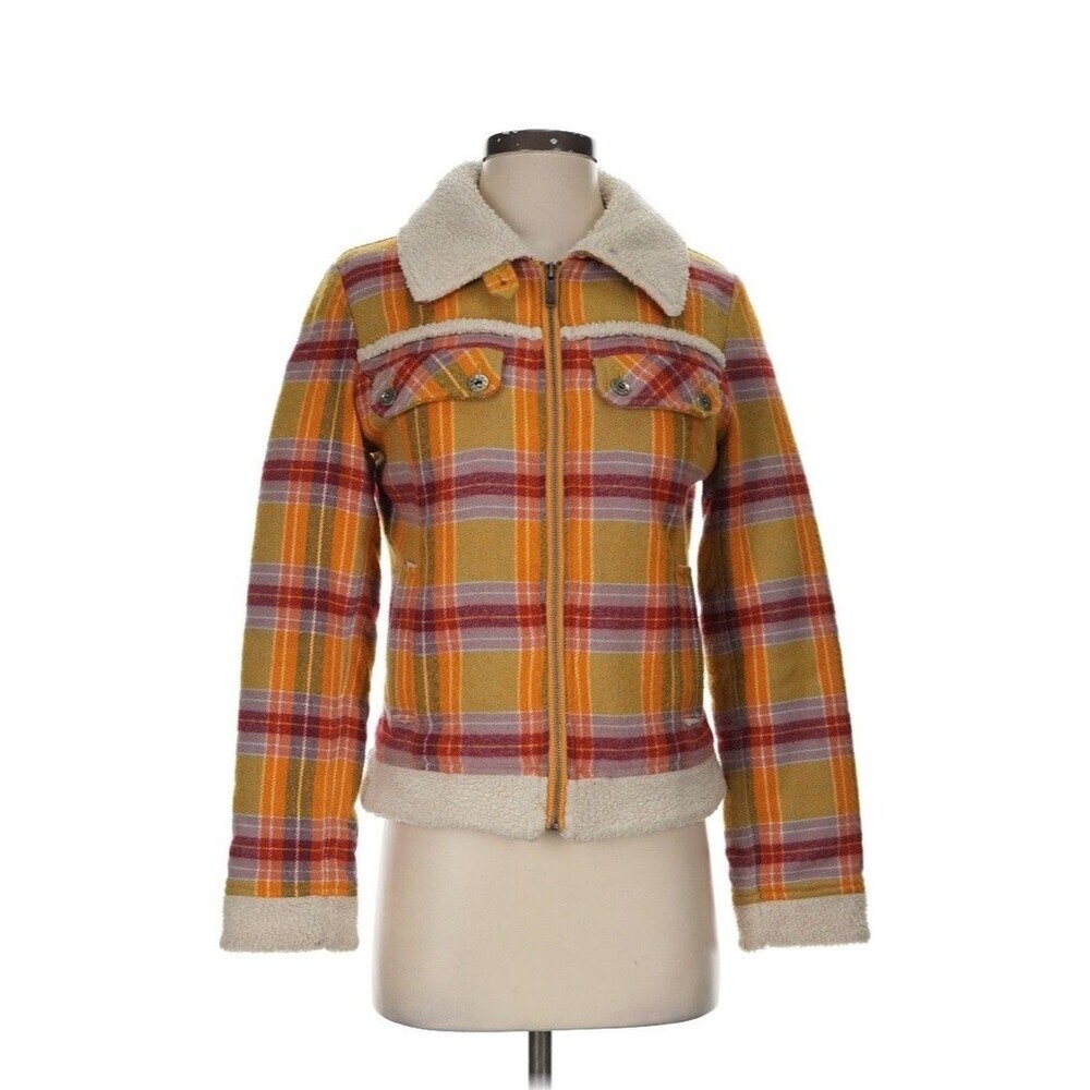 VTG LEI Jacket Y2k Small Faux Sherpa Lined Fur Wool Coat Plaid Orange 70s Chore